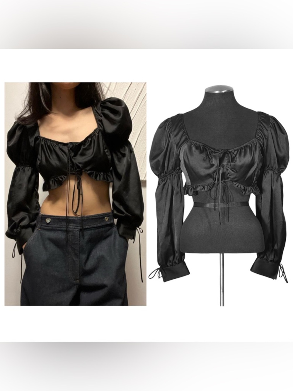 🆕 Topshop – Black Satin Milkmaid Long Sleeve Crop Top – Size 6
